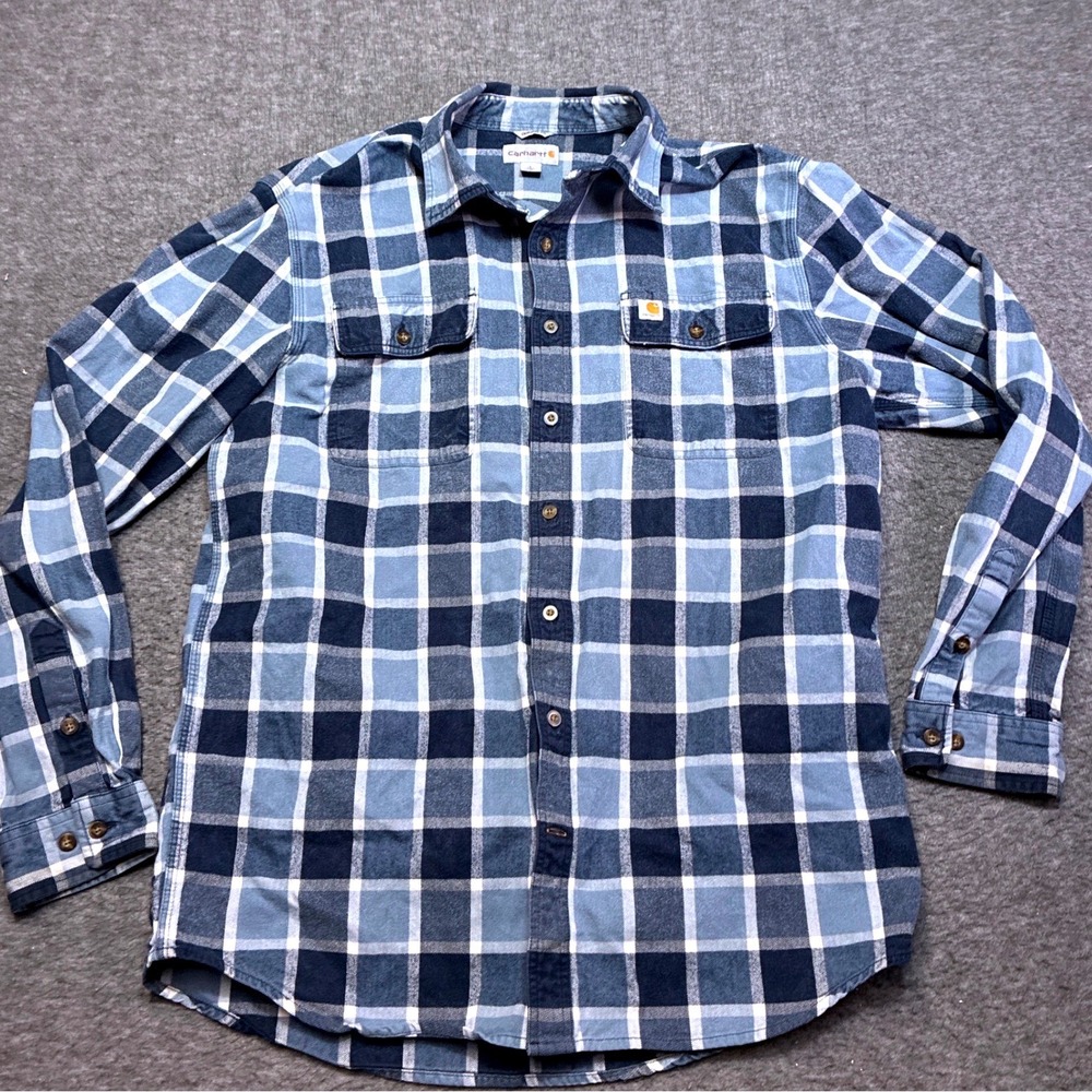 Carhartt Flannel Button Down Men Large Tall Blue Plaid Original Fit Cotton Thick